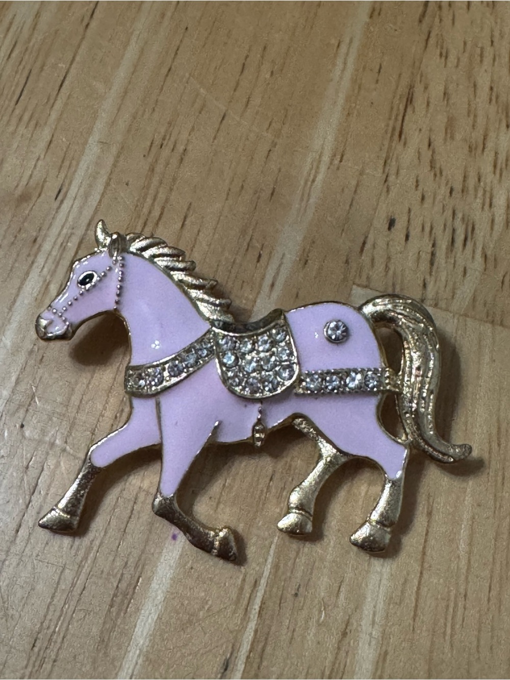 Pink Enamel Horse Brooch with Rhinestone Accents